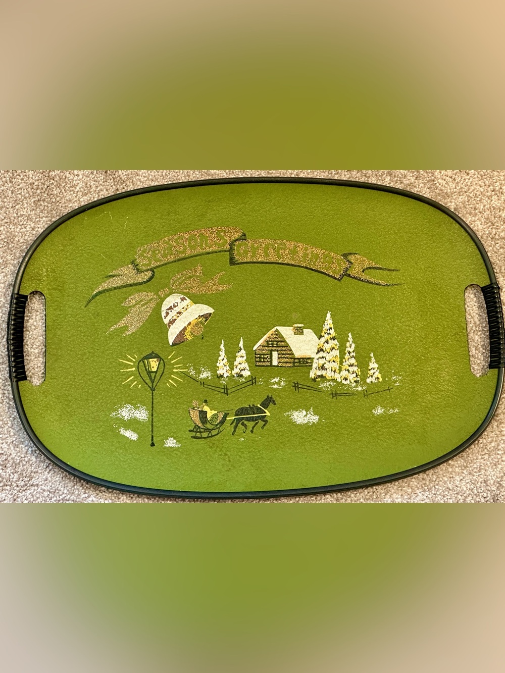 Vintage 1950s Holmar Christmas Tray Green & Gold Seasons Greetings Cabin Sleigh